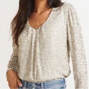 Allison Joy Off White Nina Matte Sequin Top V-Neck Long Sleeve Blouse Sz M